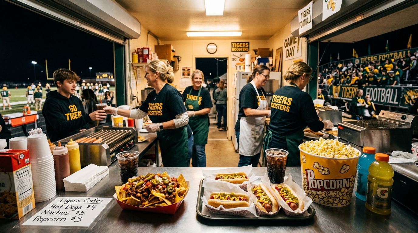 Youth sports volunteers serving food from a concession stand on game night