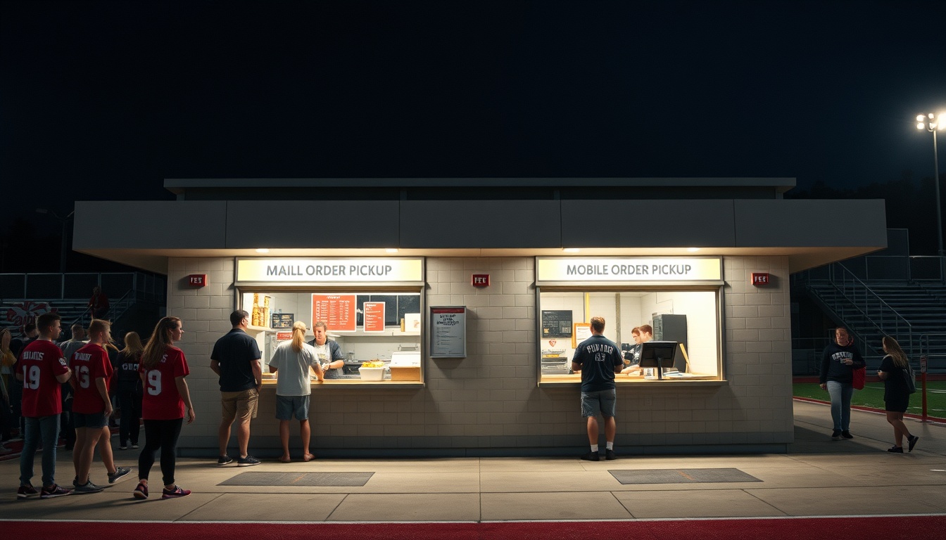 Concession stand with walk-up window and mobile order pickup area