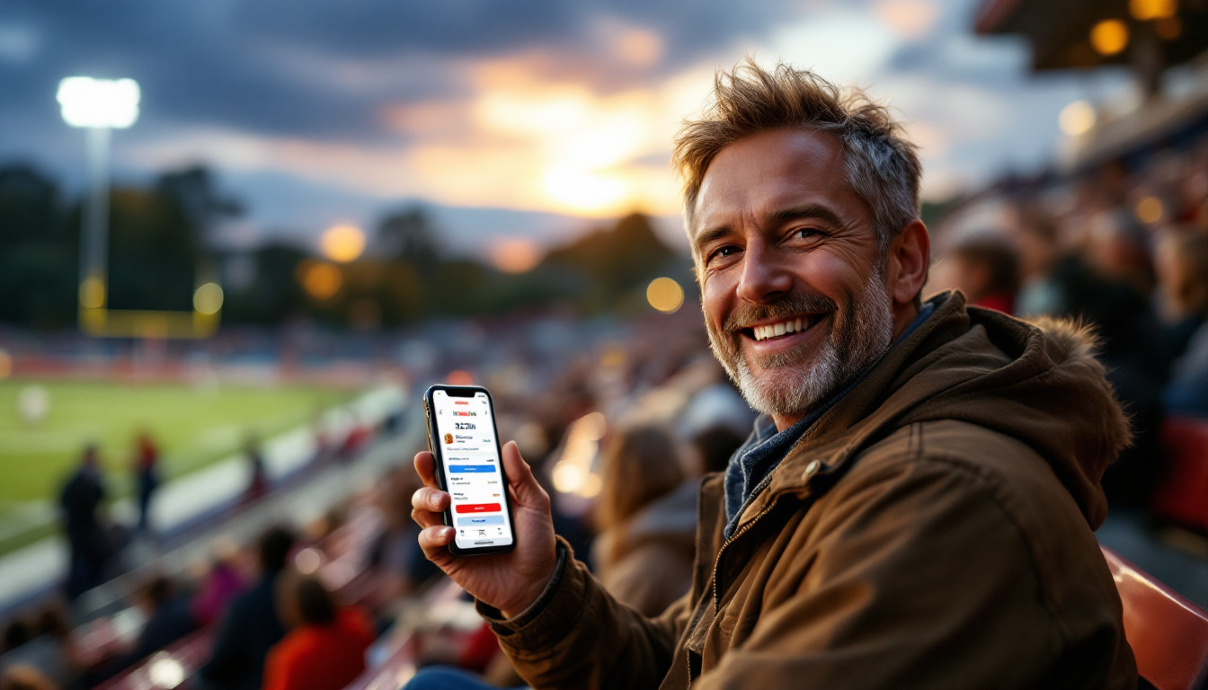 Parent smiling in high school stadium bleachers ordering food on mobile phone
