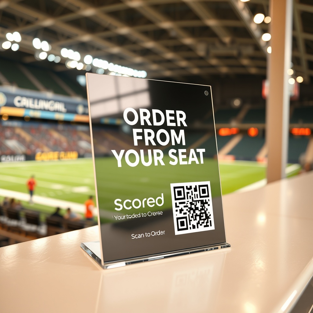 ScoreGrub QR code counter display sitting on concession stand
