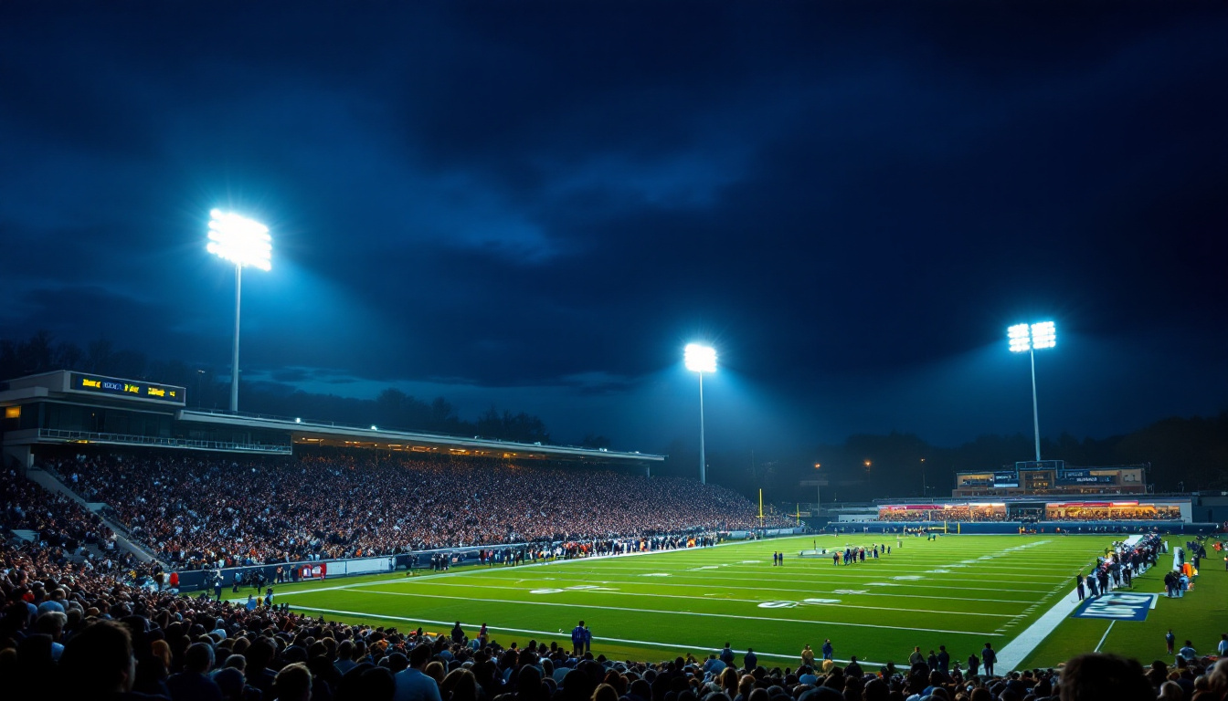 Atmospheric stadium under floodlights on Friday night